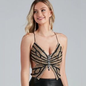 Windsor Sexy Beaded Gold Butterfly Fairytale Princess Crop Top Cosplay NWT